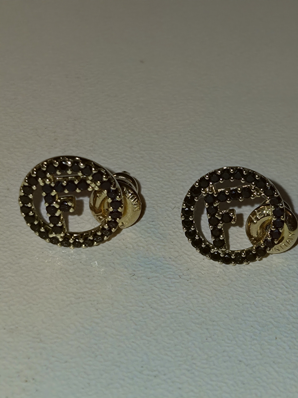 Fendi Gold-Tone Black Crystal 'F' Logo Stud Earrings, Great Condition - Picture 4 of 6